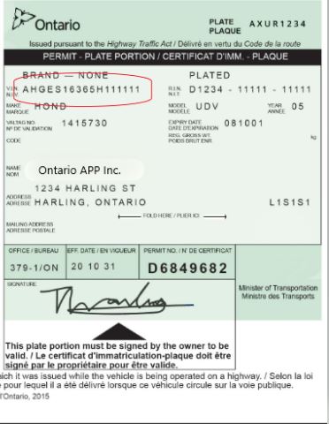 Permis d’immatriculation de l’Ontario indiquant le numéro d’identification du véhicule (NIV)